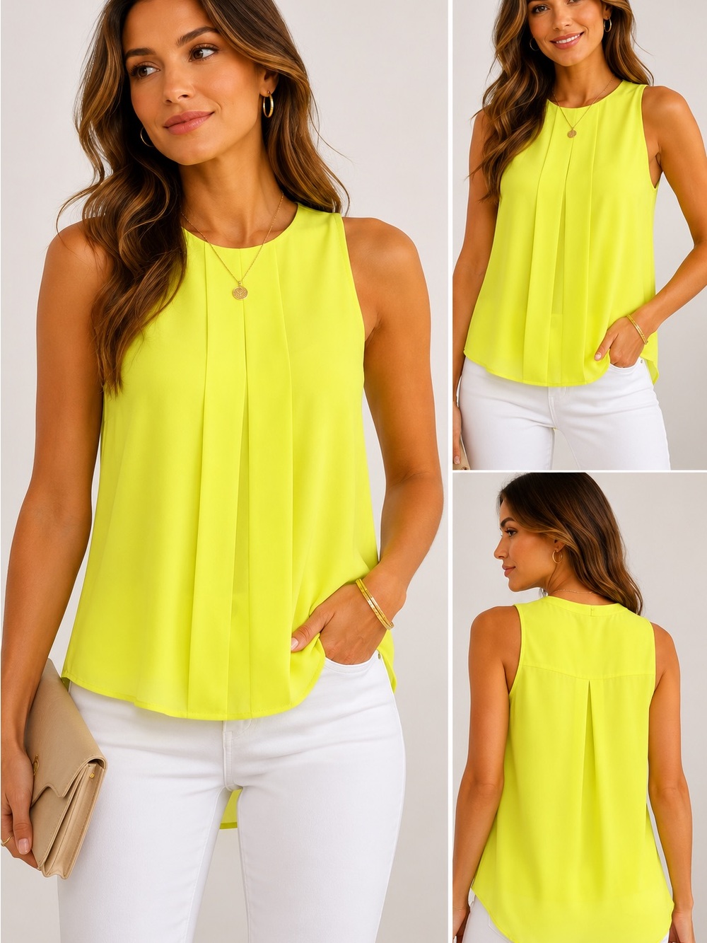 Anthropologie Neon Yellow Pleat-Front Sleeveless Camisole